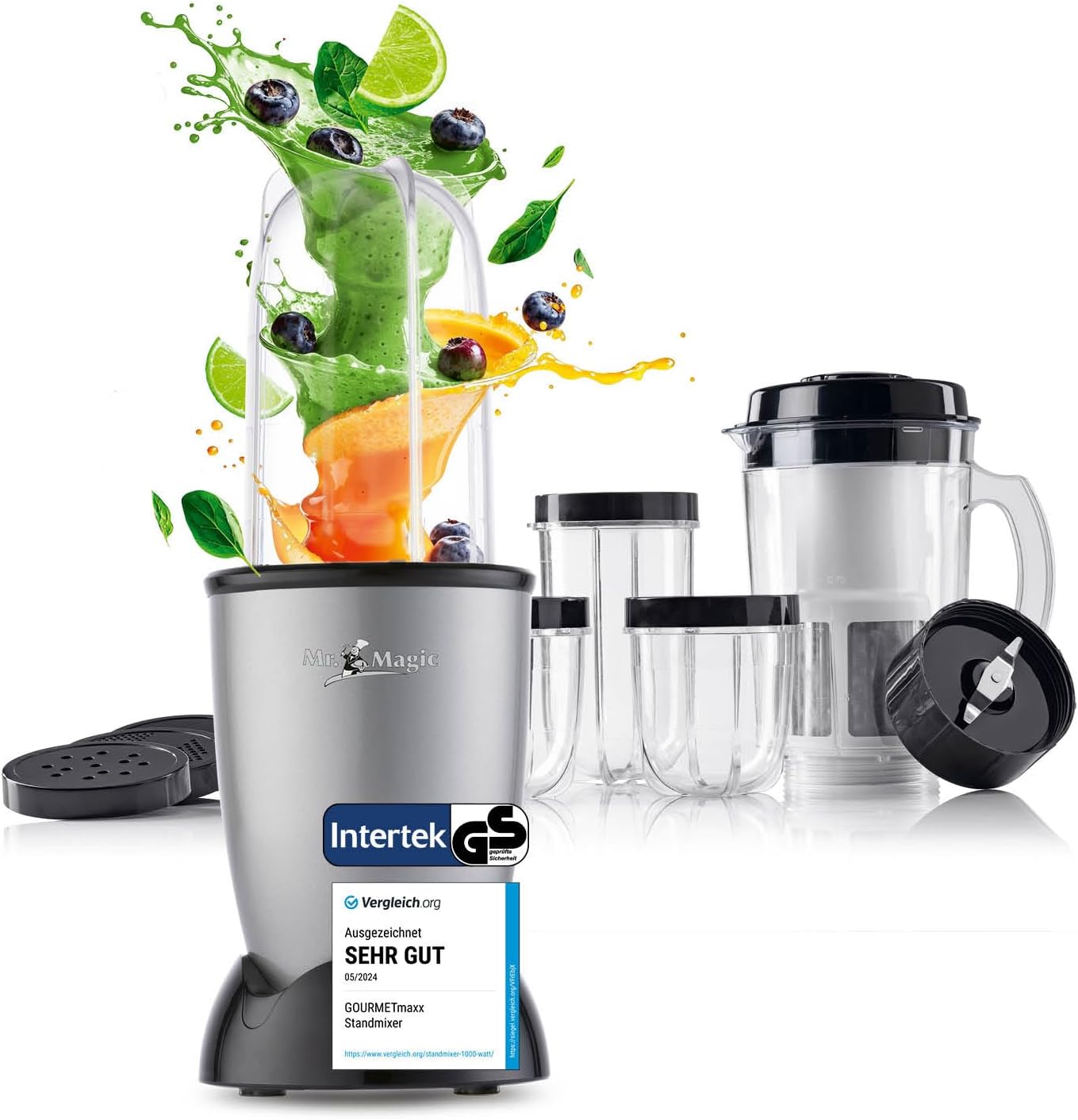 GOURMETmaxx Mr. Magic Mixer, Smoothie Maker with XXL Accessory Pack, Stand Mixer, 18 Pieces, Blender with Leak-Proof Food Storage Lids, Food Processor for Shakes, Smoothies etc.