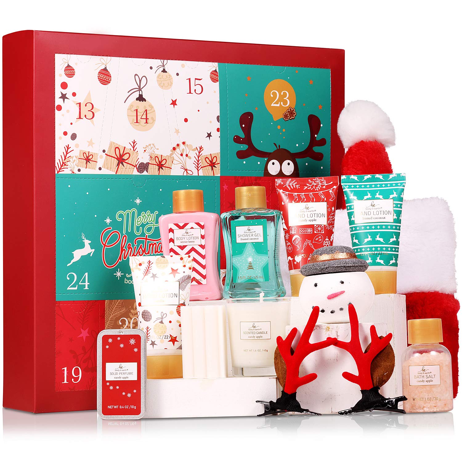 Body & Earth Advent Calendar Christmas Gifts Gift Set for Women, Gift Box 12-Piece Shower Gel Set with Shower Gel, Body Lotion, Scented Candle, Christmas Hat, Bath Bombs, Care Products Wellness