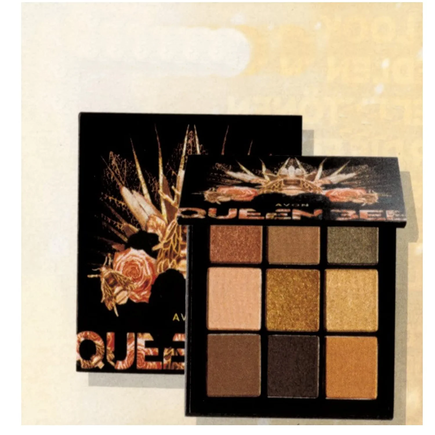 Avon Warm gold tone eyeshadow palette contains 9 shades of Queen Bee shimmering, ‎gold