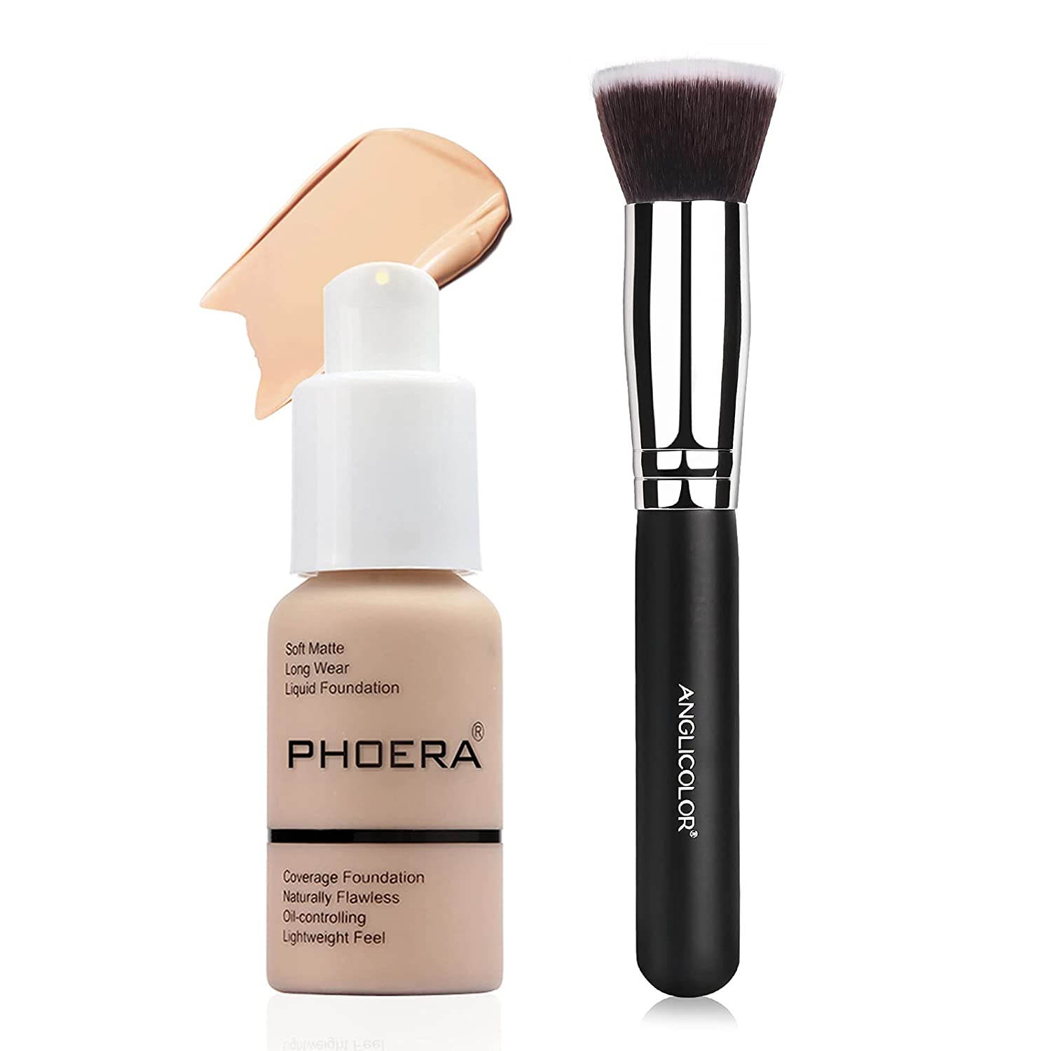 Anglicolor PHOERA 30 ml Foundation with Foundation Brush Full Coverage Face Foundations Liquid 24HR Matte Oil Control Concealer, Flawless Cream Smooth Long Lasting (102# Nude), nude ‎102#