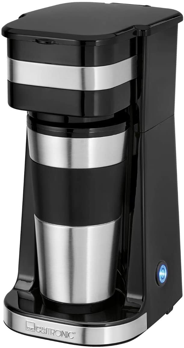 Clatronic KA 3733 1 Cup Coffee Machine Including Double-Walled Thermal Stainless Steel Mug, Aroma Closure Lid with Drinking Opening, 400 ml Capacity, Suitable for All Standard Cup Holders