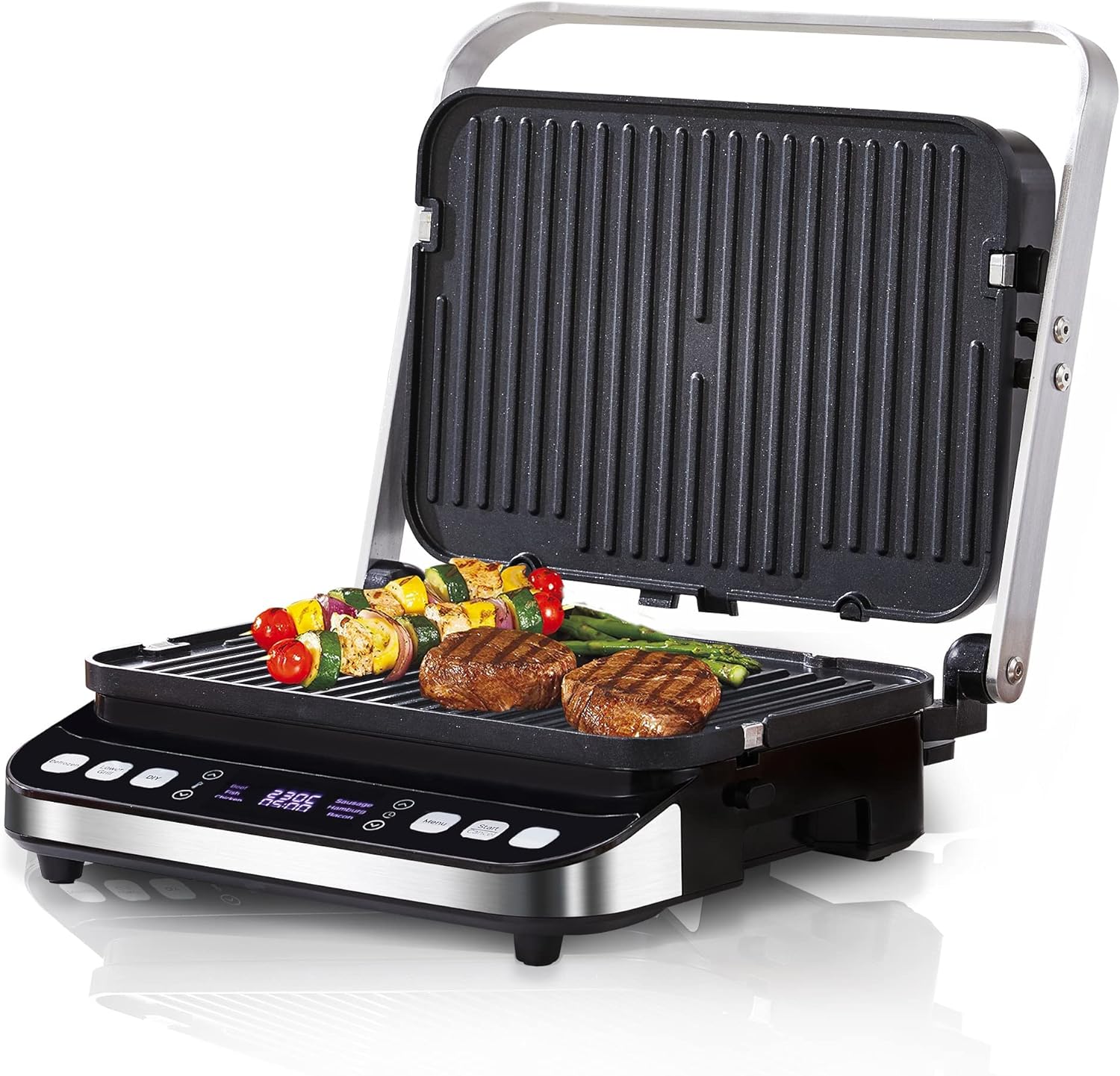 Contact Grill, Sandwich Maker, Waffle Iron, 180° Double-Sided Optical Grill, Indoor Electric Grill, 6 Automatic Programmes, Intuitive Sensor, Touch Display, 2000 W, Grill with 4 Removable Plates