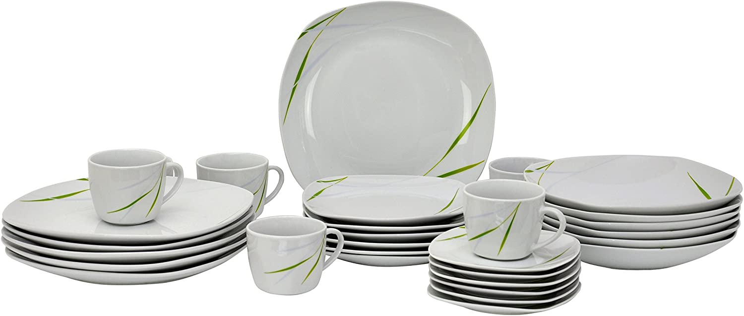 Van Well Aviva 30-Piece Crockery Set White with Coloured Decoration for 6 People