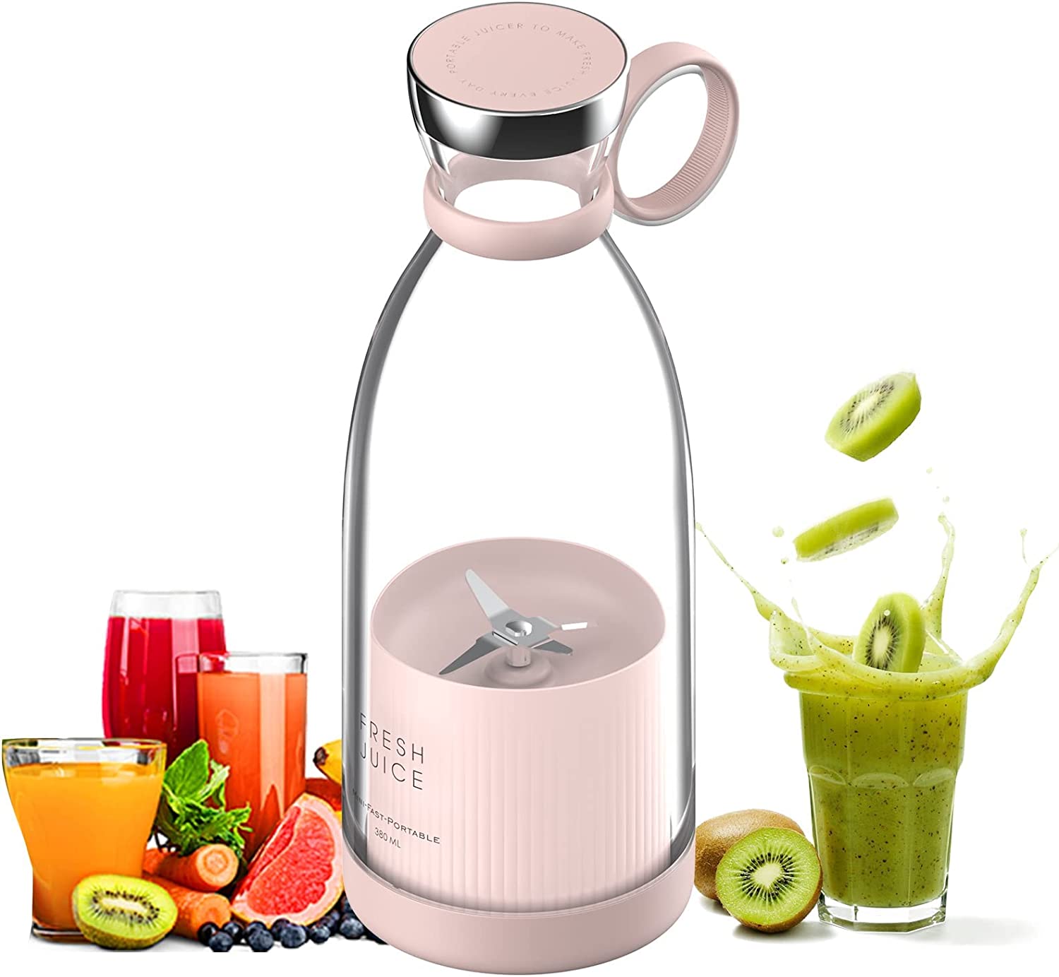 Tetipa Blender Smoothie Makers, 350 ml Portable Mixer Mini Jug Blenders, Multifunctional Personal Mixer Fresh Juice Mixer Bottle To Go with USB Rechargeable (Pink)