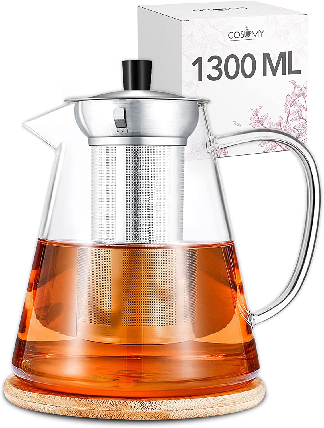 Cosumy Teapot With Stainless Steel Strainer, 1300 ml, Made Of Glass, Incl. Saucer, Dishwasher-Safe, Heat-Resistant