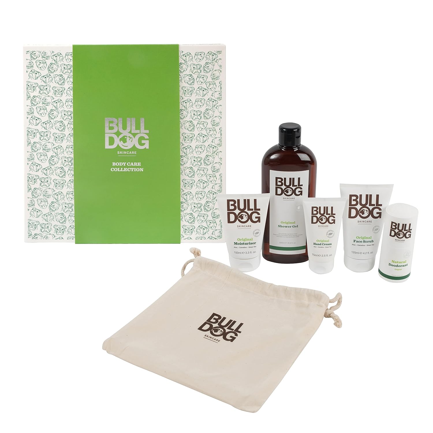 Bulldog Skincare Body Care Collection Gift Set for Men (X1 Original Shower Gel 500 ml, X1 Face Scrub 125 ml, X1 Moisturiser 100 ml, x1 Hand Cream 75 ml, X1 deodorant 75 ml)