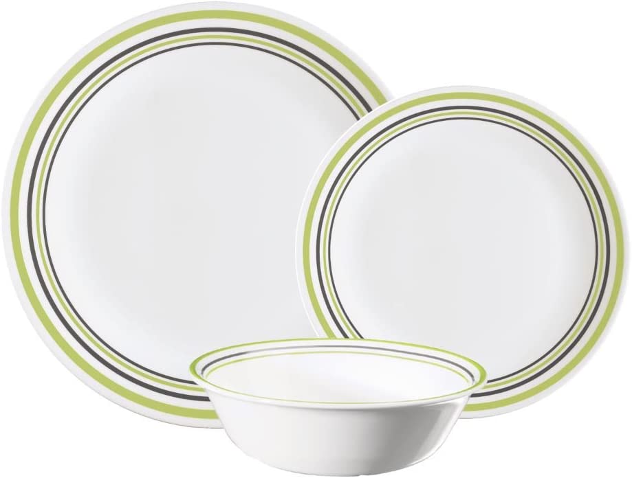 Corelle Vitrelle Glass 12-Piece Garden Sketch Bands Dinner Set, Green/Grey