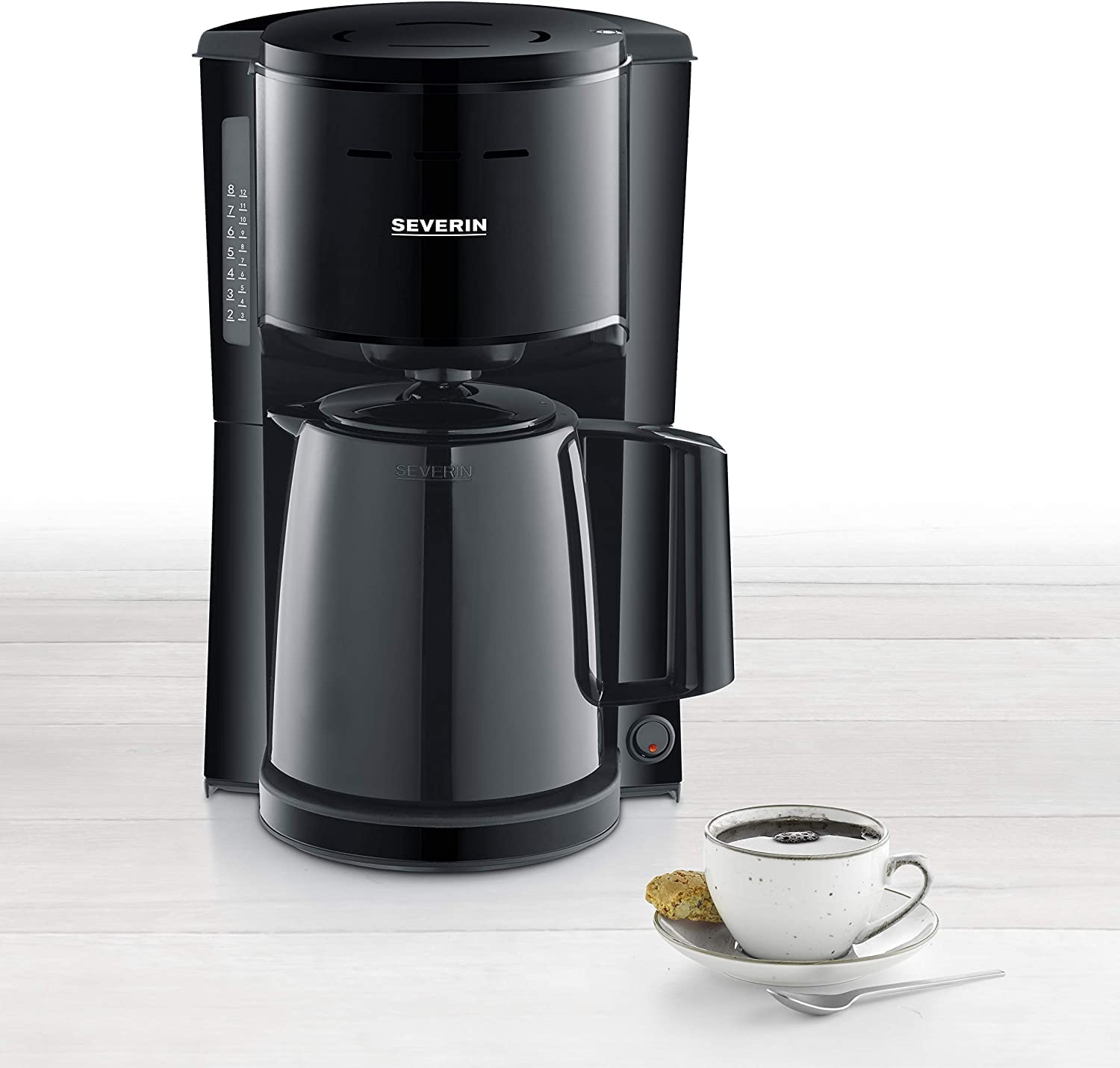 SEVERIN KA 9250 Filter Coffee Maker with Thermos Flask Approx. 1000 W, up to 8 Cups, Swivel Filter 1 x 4 with Drip Lock, Automatic Shut-Off, Brew Lid, Black