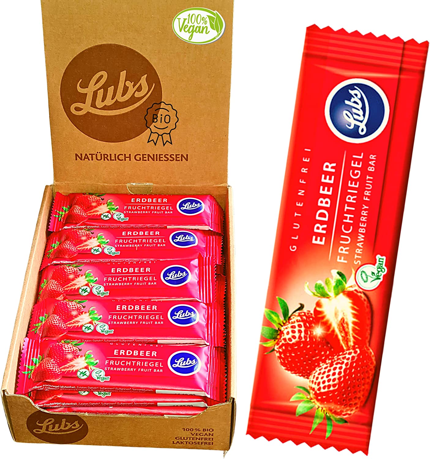 Snack Bag - 10x 30g Lubs Bio Fruchtriegel Erdbeere | Bio & Vegan | Fruchtriegel mit frischem Obst| Riegel glutenfrei| Fruchtschnitte