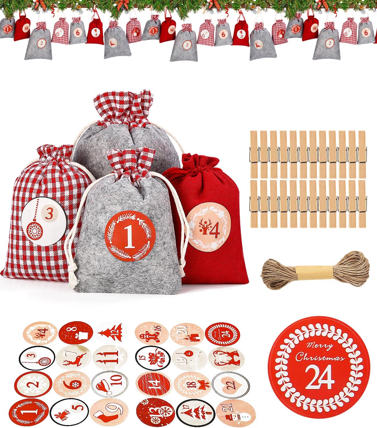 Advent Calendar Fill Yourself, 24 Advent Calendar Bags, Advent Calendar for Filling Fabric, with Christmas Stickers, 10 m Cord and Wooden Clip, Advent Calendar 2023, for Children, Adults