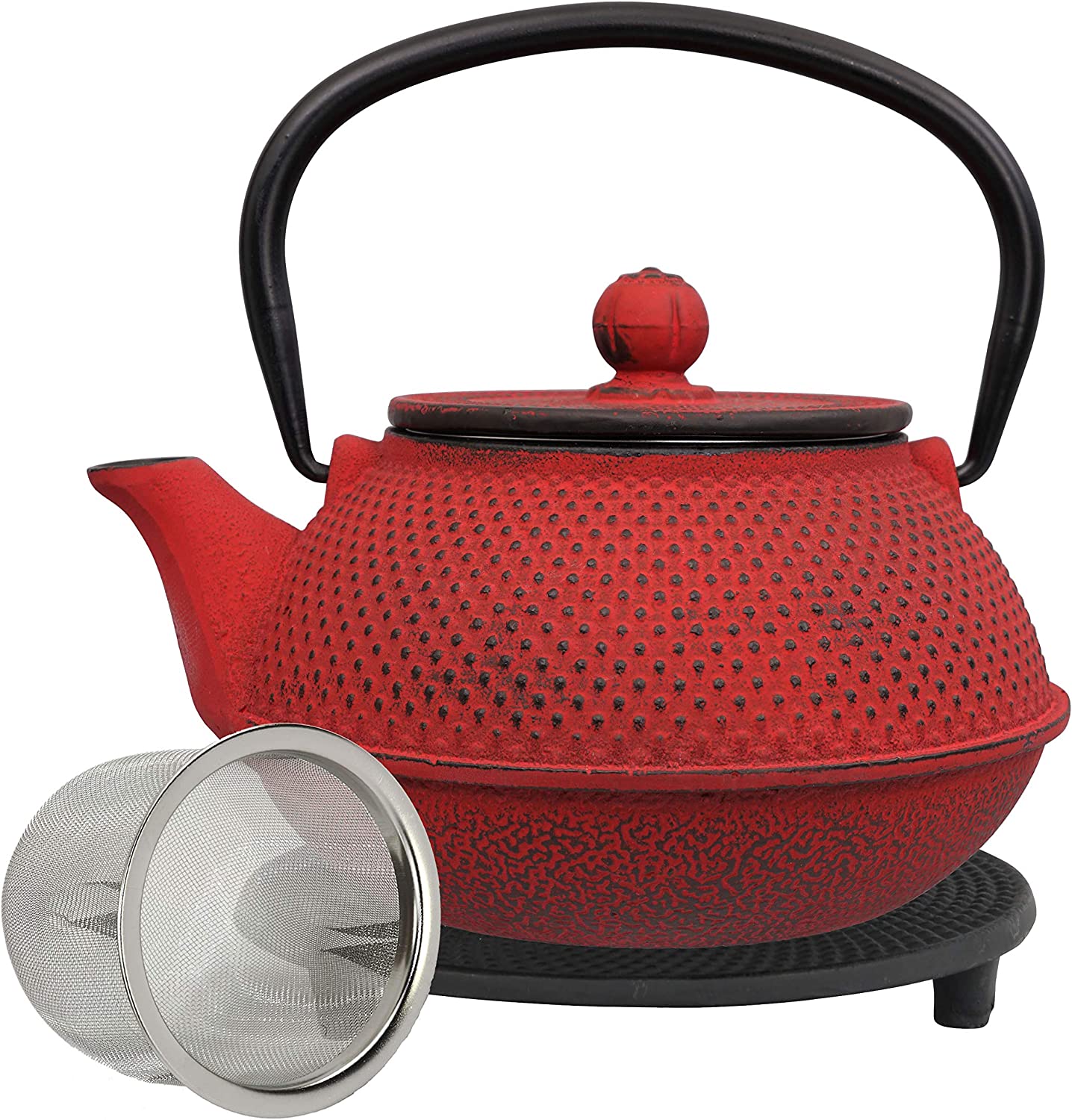Teeblume Cast Iron Teapot Arare Cast Iron Teapot with Strainer Includes Free Coaster in Black Teapot Kettle Inside Fully Enamelled Choice of Colours and Sizes, 900 ml