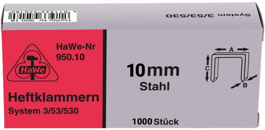 HaWe Schlagwerk Systems 53 Pack of 1000 Paper Clips, 10 mm 950.10