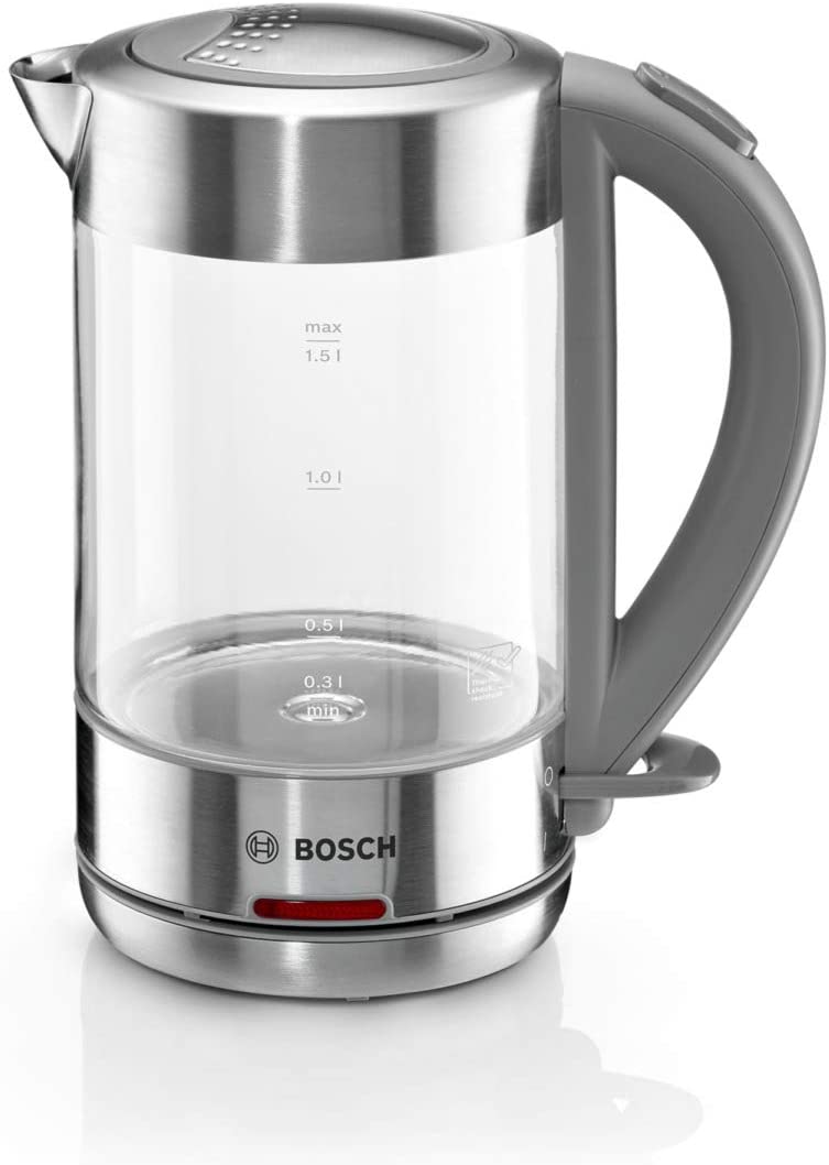 Bosch TWK7090B Wireless Kettle, Automatic Shut-Off, Overheating Protection, Easy Operation, Heat-Resistant Glass, 1.5 l, 2200 W, Stainless Steel
