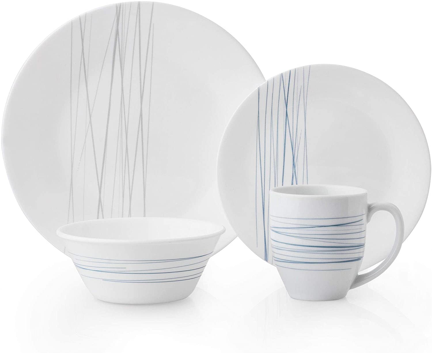 Corelle Vitrelle Glass 3229 Silver Strands Chip and Shatter Resistant 16 Piece Dinner Set for 4 People