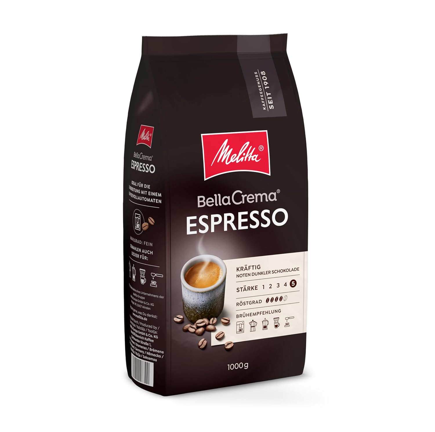 Melitta BellaCrema Espresso Whole Coffee Beans 1 kg, Unground, Coffee Beans for Fully Automatic Coffee, Strong Roasting, Roasted in Germany, Strength 5