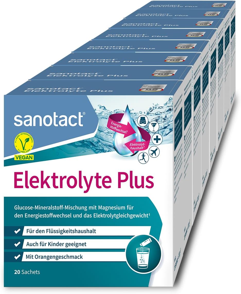 sanotact Electrolyte Plus • Electrolyte Powder with Potassium and Magnesium • 8 x 20 sachets with Orange Flavor and Vegan