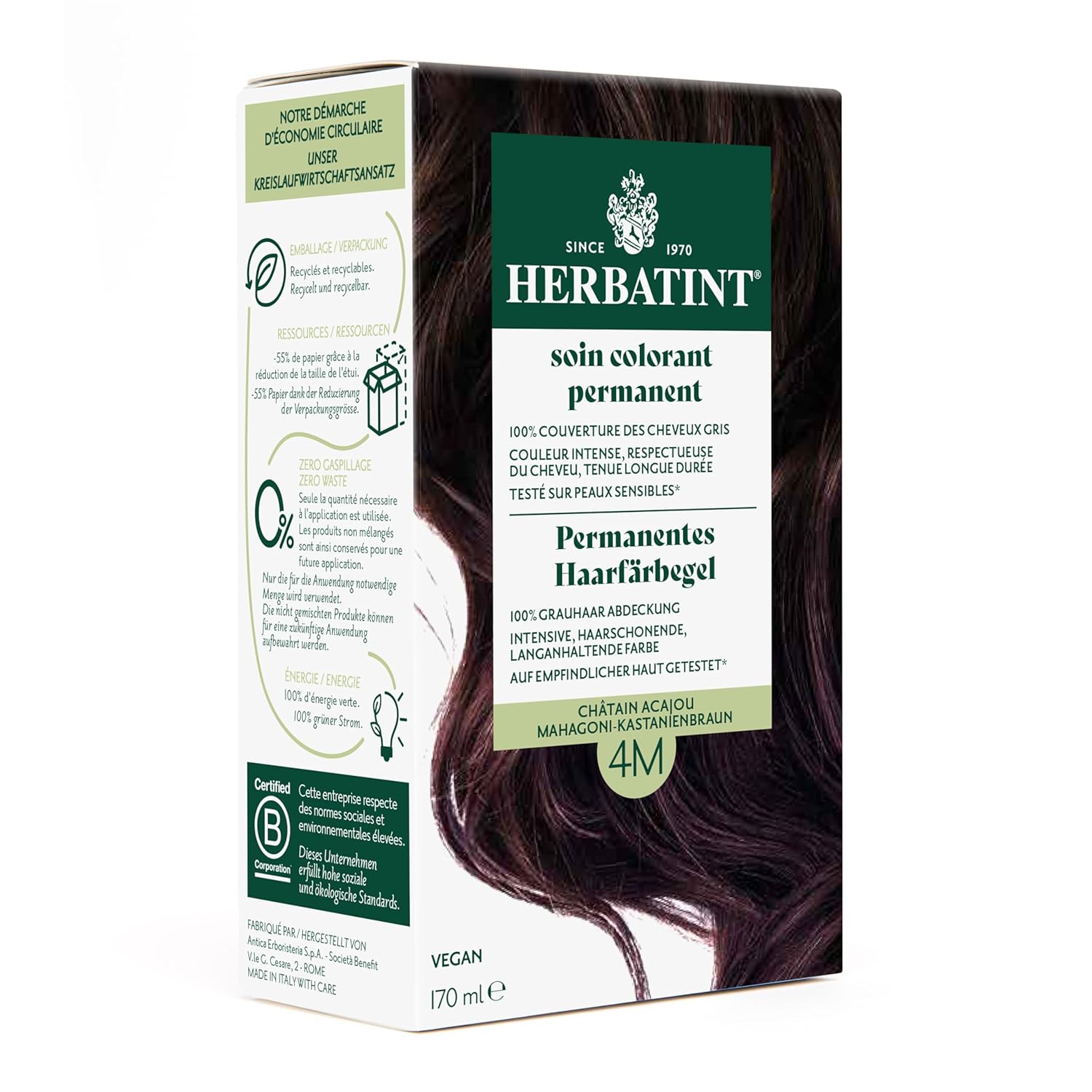 Herbatint Permanent Hair Dye Gel 4M Mahogany - Chestnut Brown - 170 ml I No Ammonia, Optimal Gray Hair Coverage I Tested for Sensitive Skin with 8 Plant Extracts