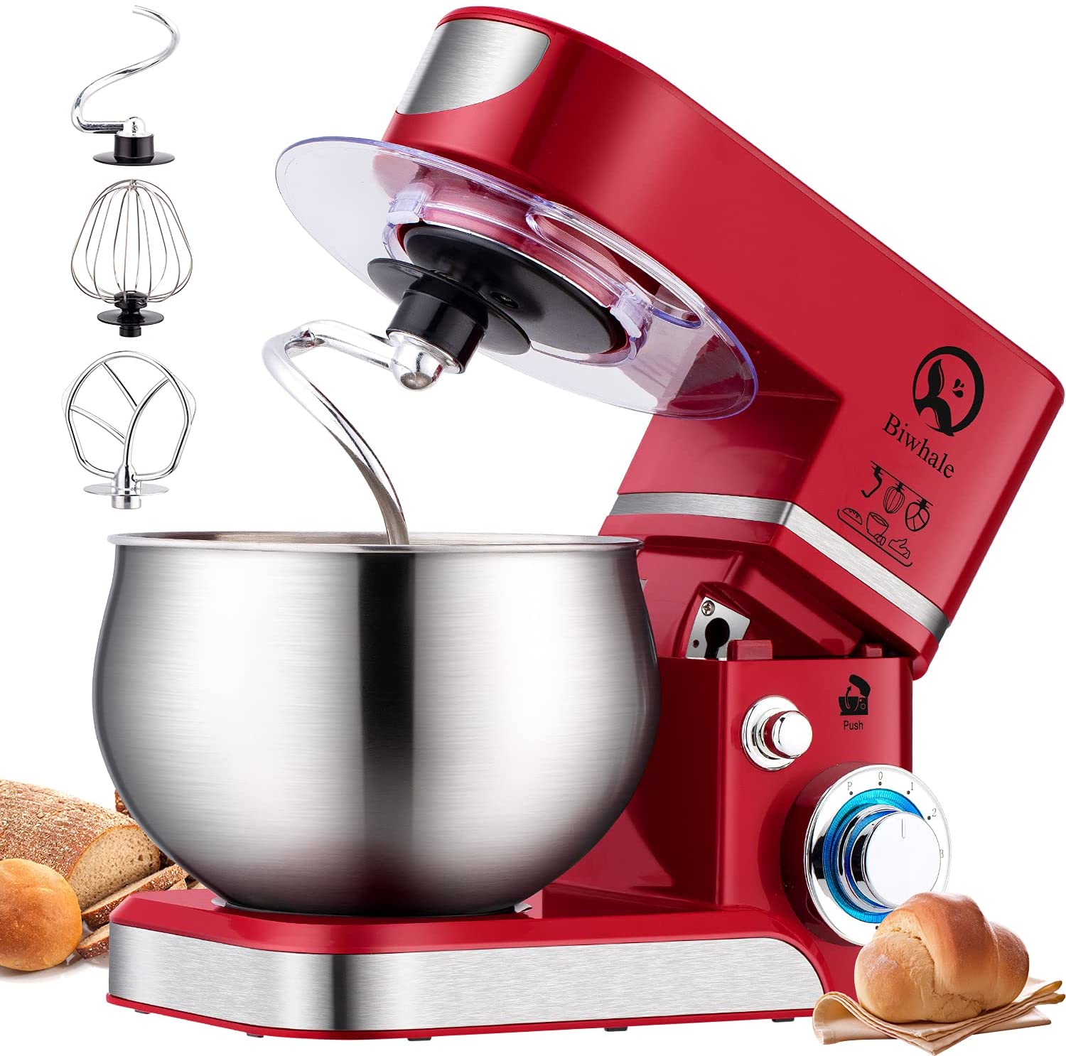 BIWHALE Food Processor Kneading Machine 6L, 1000W Reduced Noise Kneading Machine with Whisk, Dough Hook, Whisk, Splash Guard, 6+P Speed with Stainless Steel Bowl Dough Machine (Red)