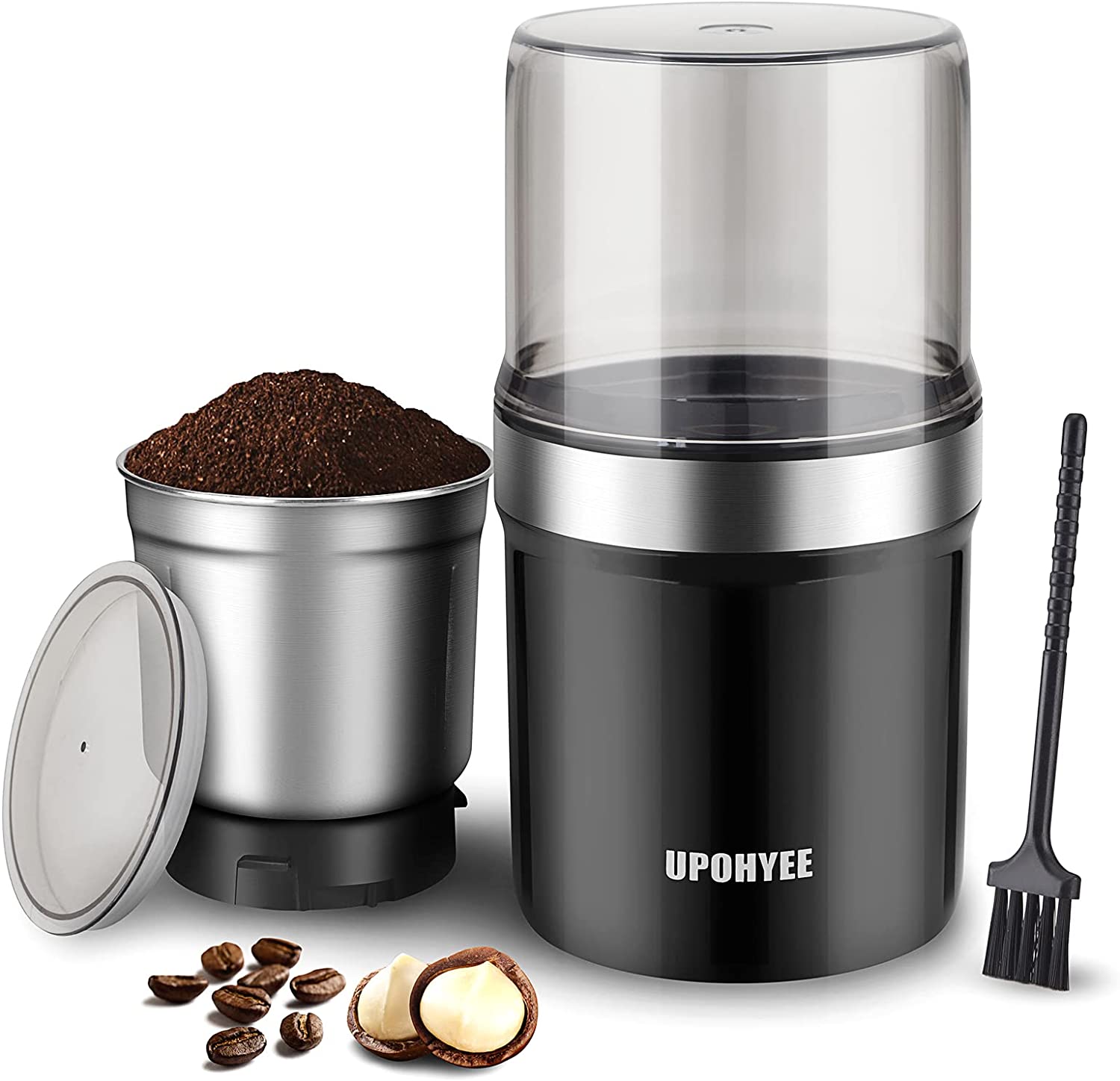 UPOHYEE Electric Coffee Grinder 350 W Coffee Grinder Capacity 120 g with Powerful Stainless Steel Blade Grain Mill with Safety Lock for Coffee Beans Pesto Spices Nuts Sugar Herbs Grain Black