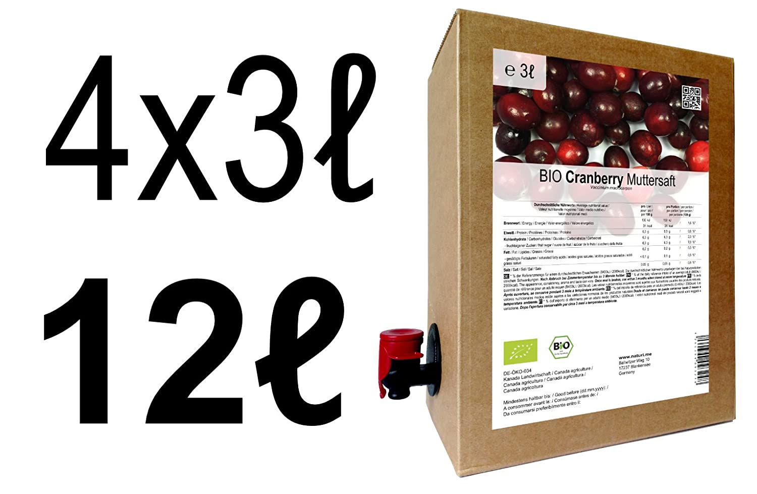 Tilia BIO Cranberry Muttersaft - 100% Direktsaft 12 Liter ( 4 x 3 Liter )
