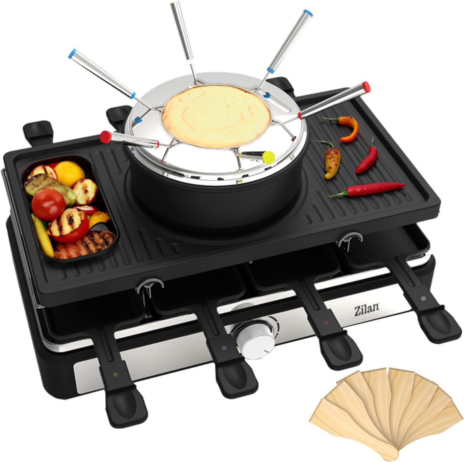 Raclette Grill with Fondue Set, Raclette Device, 8 People, Table Grill, Party Grill, Electric Grill, Raclette Grill, Solid Natural Stone and Coated Grill Plate, Heating Element Made of Stainless Steel
