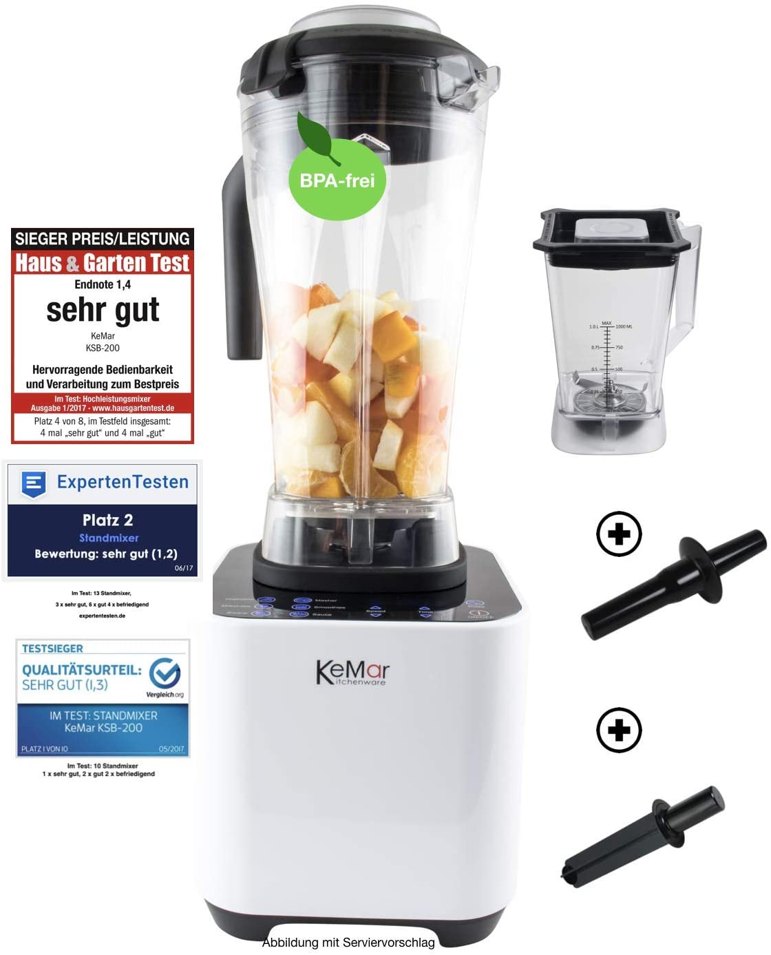 KeMar Kitchenware KSB-200 High Performance Blender, Stand Mixer, LED Touch Control, 1500 W, 30,000 rpm, Includes 1 + 2 Litre Container, BPA-Free, 6 Programmes, Manual Adjustment, White