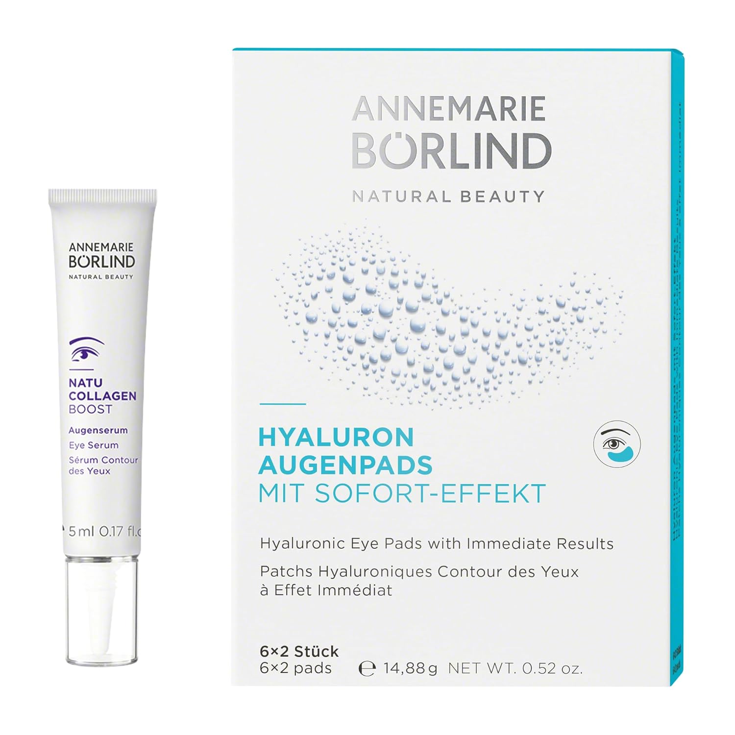 ANNEMARIE BÖRLIND Eye Pads Set - Hyaluronic Eye Pads (6 x 2 Pieces) & Natural Collagen Boost Eye Serum (5 ml), Limited Edition, Refreshes, Lifts and Smooths, Vegan