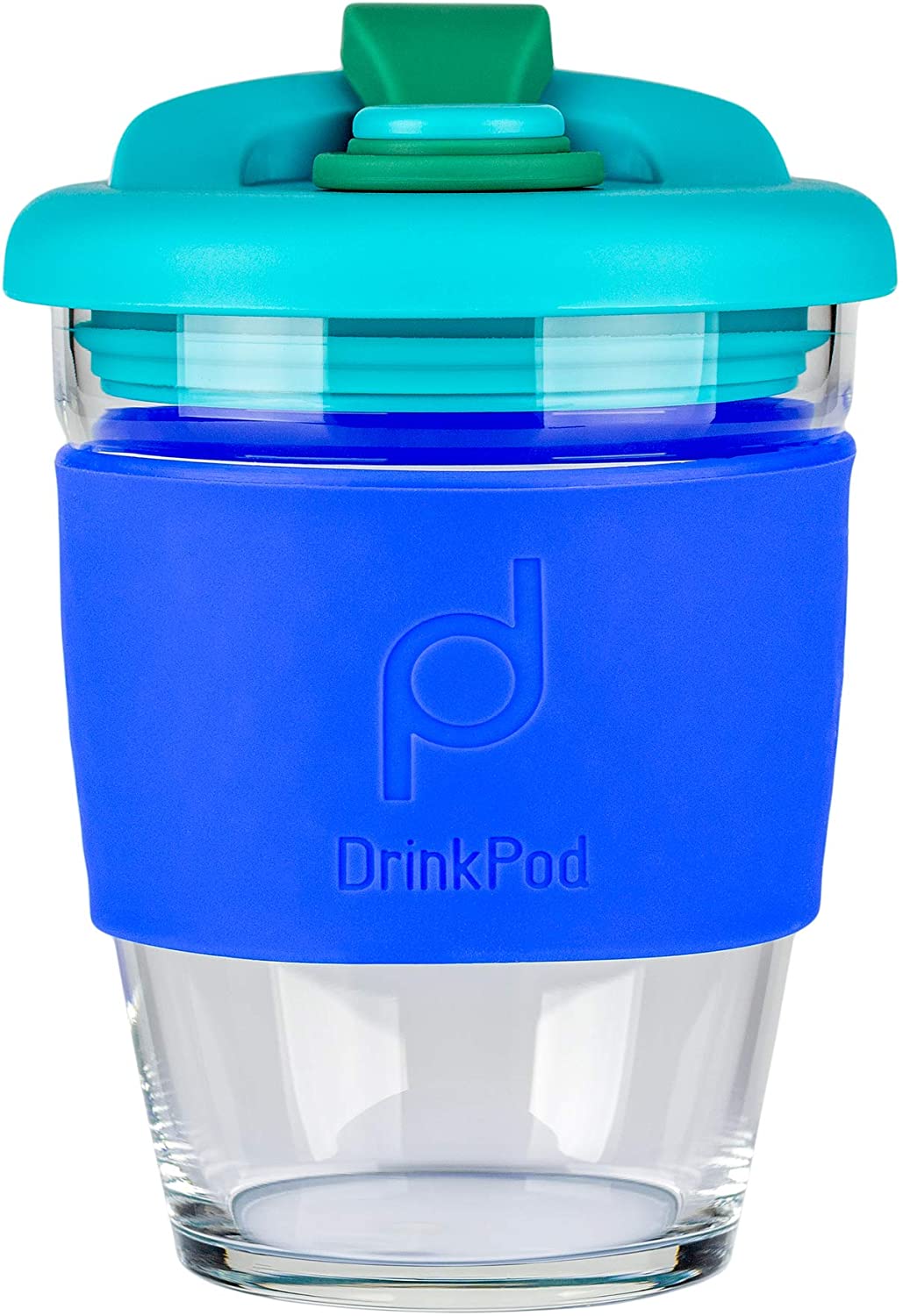 DrinkPod Reusable BPA Free 340ml 12oz Glass Coffee Mug Travel Mug - Ocean Blue
