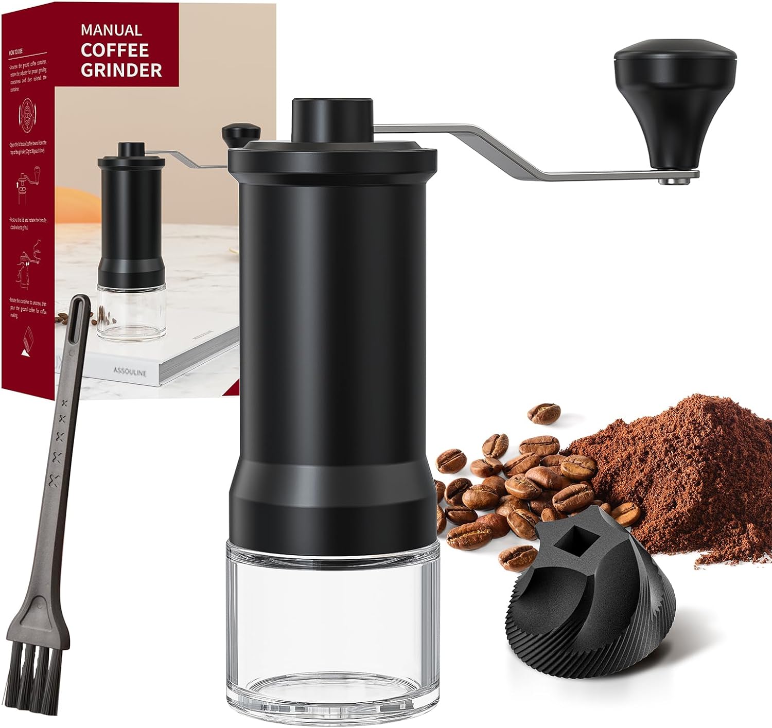 Richsum Manual Coffee Grinder with Adjustable Coarsenseness - Extended Stainless Steel Handle - Reinforced Glass Base Ideal for espresso broth and hand drops