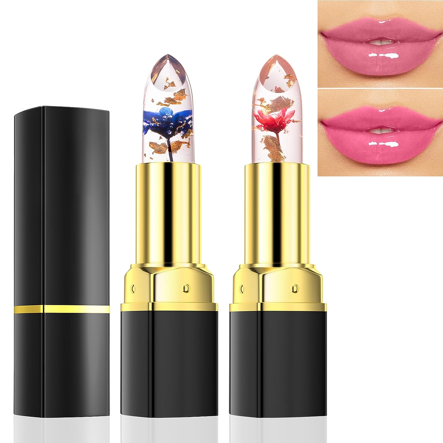 Prreal 2pcs Colour Changing Lipstick, Temperature Colour Changing Lip Balm, Long-Lasting Moisturising Aloe Vera Flower Jelly Lipstick Set, Crystal Jelly Lipstick 24 Hours Makeup for Lip Care (01+02)