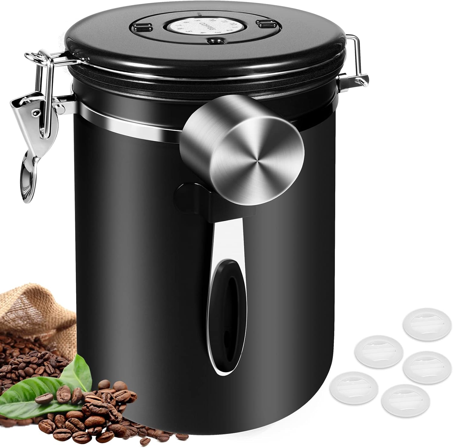 Coffee Canisters Airtight 1 kg Beans, 2800 ml Coffee Beans Container Coffee Container Storage Jars Made of Stainless Steel with Date Tracker, 30 ml Measuring Scoop and CO₂ Valve for Coffee Bean