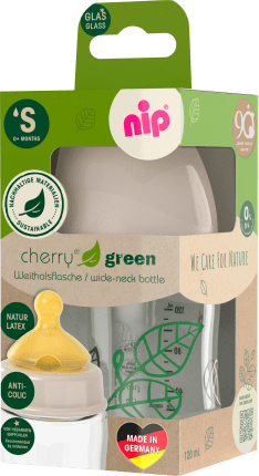 NIP Baby bottle made of glass cherry green latex Gr. S, beige, from birth, 120ml, 1 pc