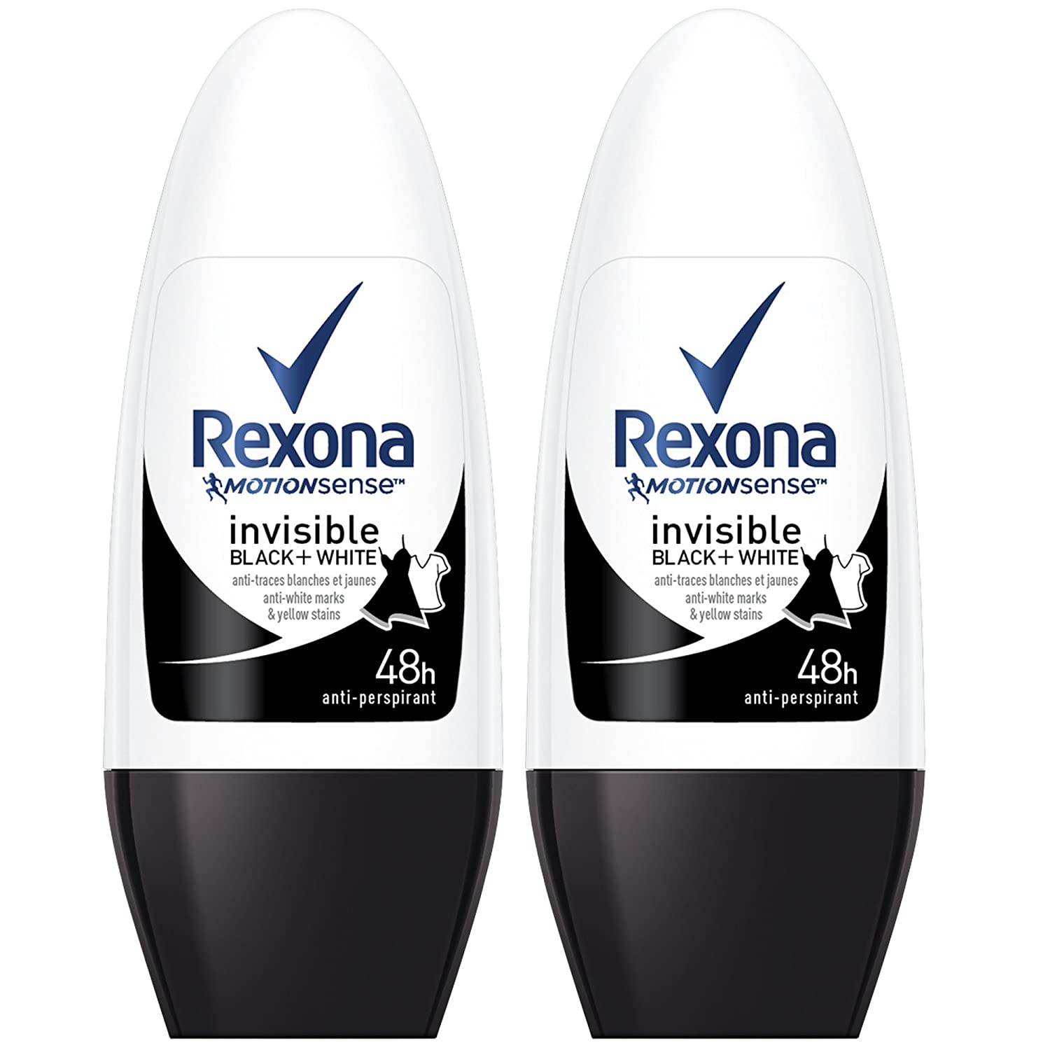 Rexona Deodorant für Damen, Roll, unsichtbar, Black+White, Frische, leichter Duft, 50 ml, 2 Stück