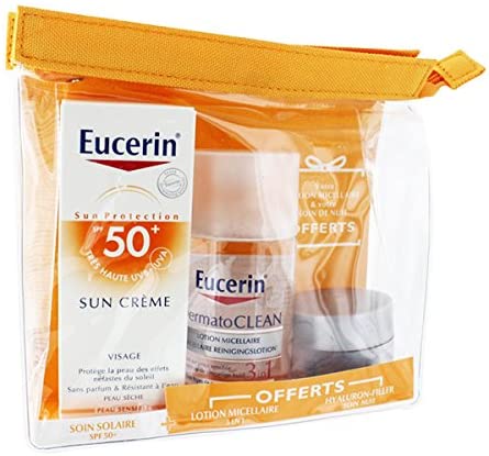 Eucerin Sun Lotion Sensitive Protect Cream SPF50 50 ml Pencil Case MICELLARE 125 ml and Hyaluron Filler Night 20ml