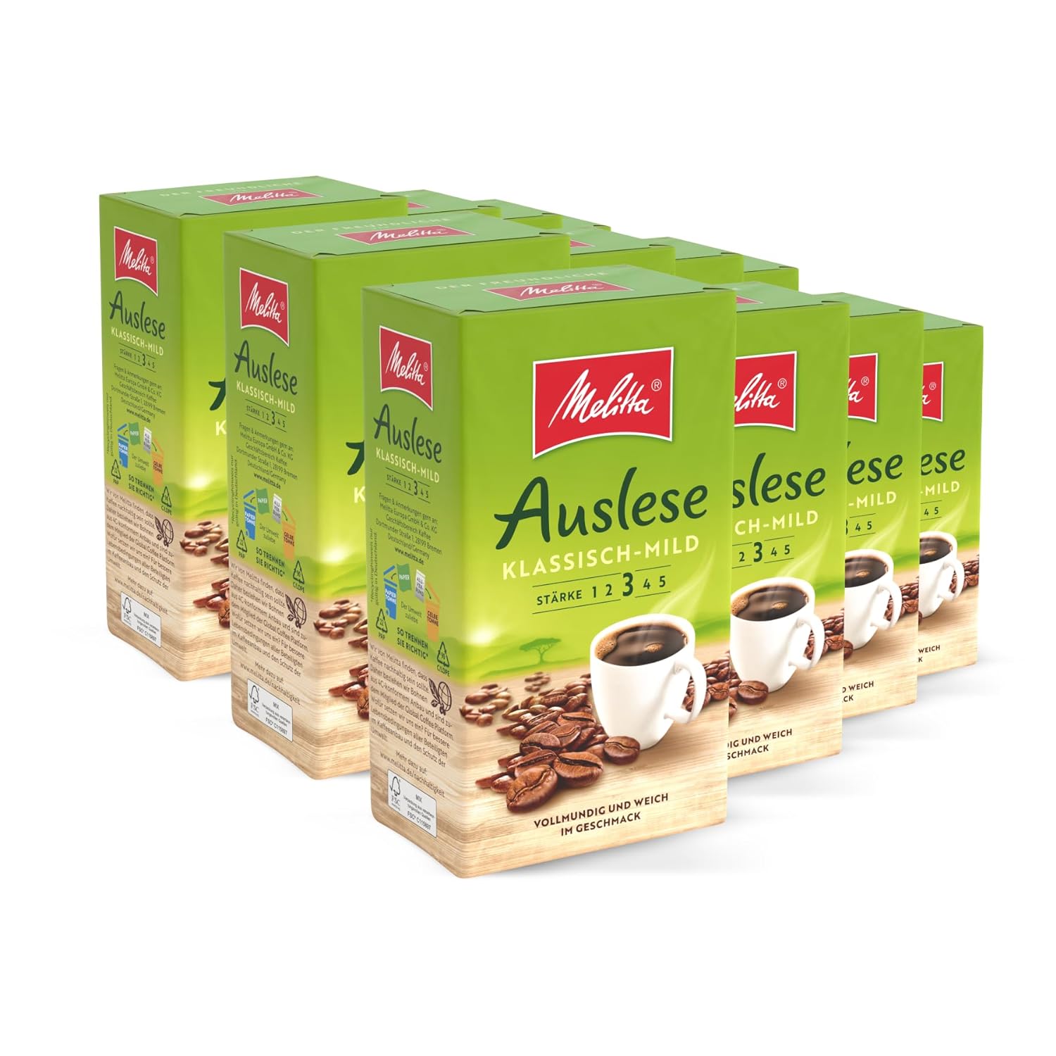 Melitta Auslese Classic Mild Filter Coffee 12 x 500 g, Ground, Powder for Filter Coffee Machines, Medium Roasting, Roasted in Germany, in Tray