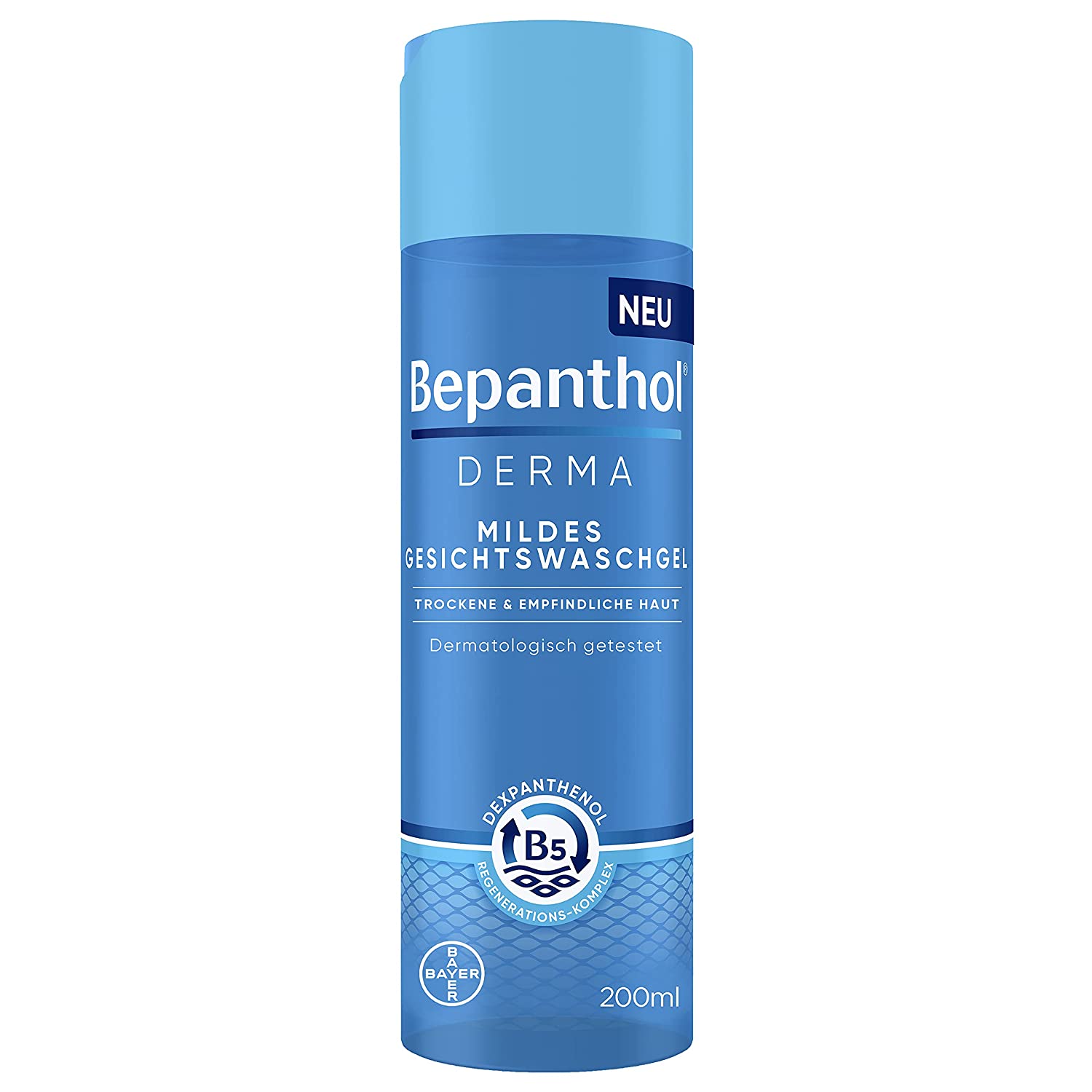 bepanthol Bepanthol® DERMA Mildes Gesichtswaschgel für empfindliche und trockene Haut, dermatologisch getesteter Feuchtigkeitsspender mit Dexpanthenol, frei von Duftstoffen, seifenfrei, 200 ml Flasche