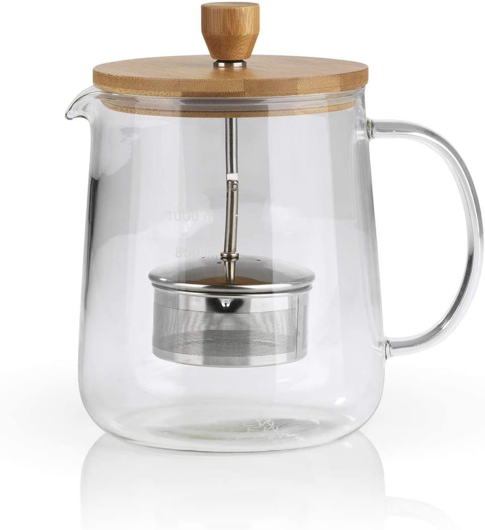 Beem tea pot glass jug with tea strainer, 1 litre, classic selection, heat-resistant glass, bamboo, removable stainless steel sieve with lifting function, 8 cups, brown, bamboo.