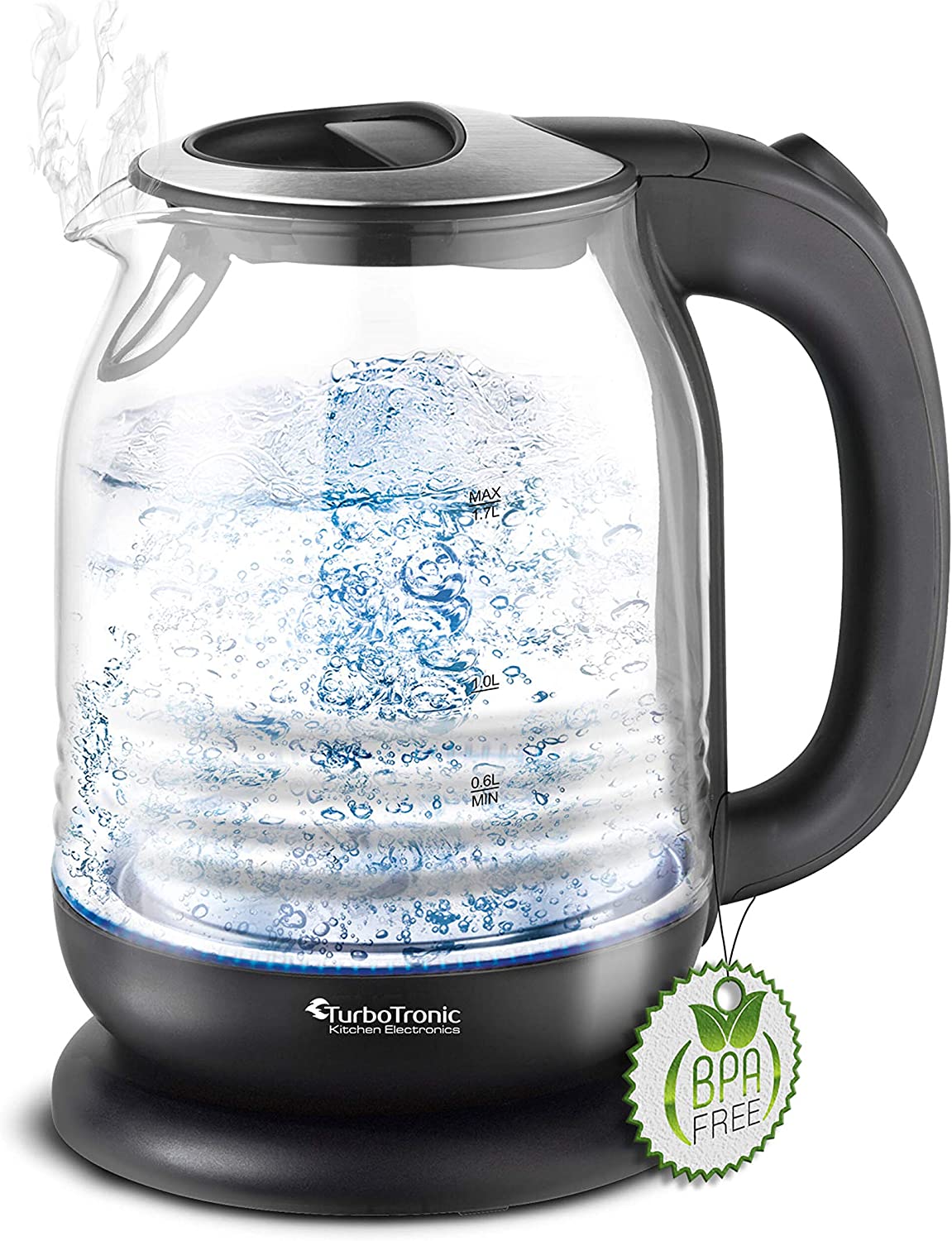 TurboTronic By Z-LINE TurboTronic Glass Kettle, 1.7 Litres, with Limescale Filter and LED Lighting Blue (Inside), BPA-Free; Output: 2200 W.