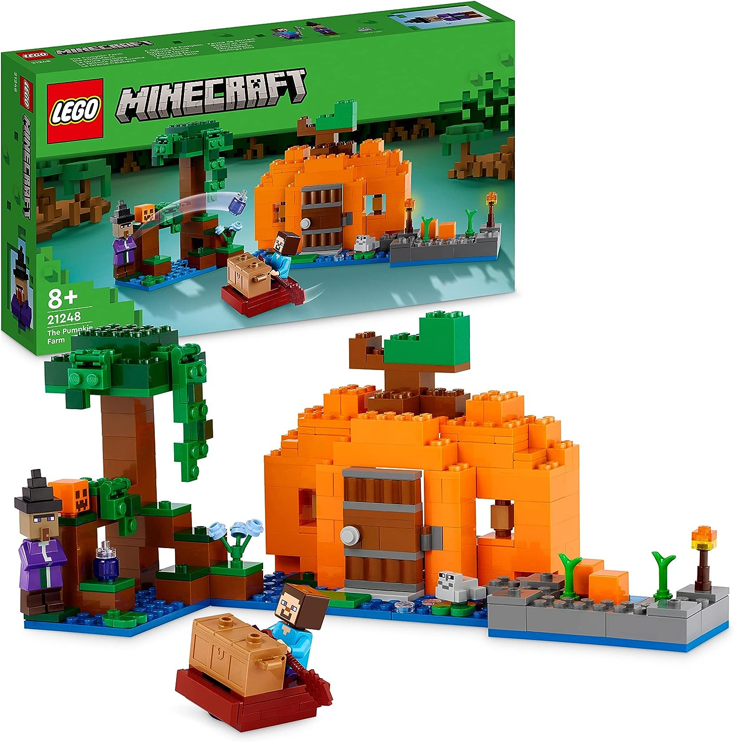 LEGO 21248 Minecraft The Pumpkin Farm Set, Buildable Toy House with Frog, Boat, Treasure Chest and Steve and Witch Figures, Swamp Biome Action Toy, Gift for Kids, Boys, Girls