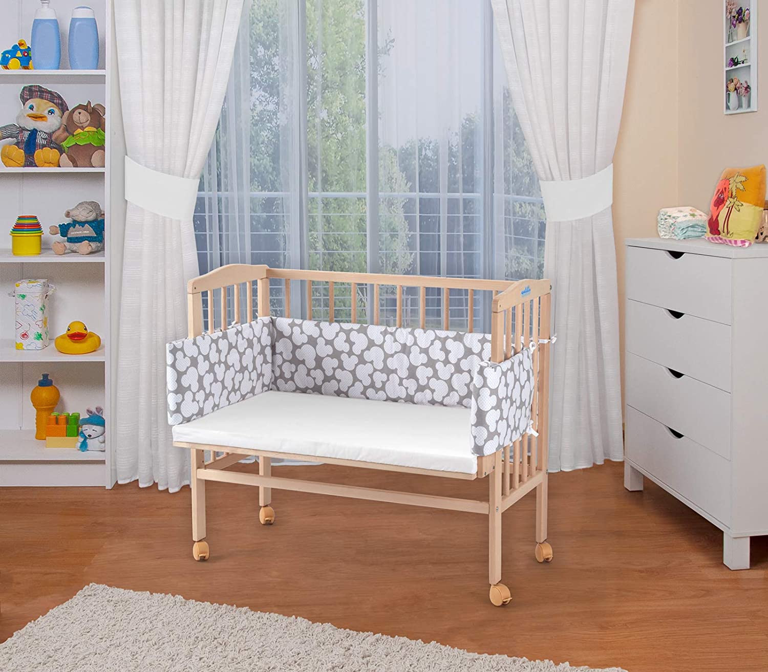 Waldin Baby Extra Bed With Mattress, Height-Adjustable, Natural Or White Pa