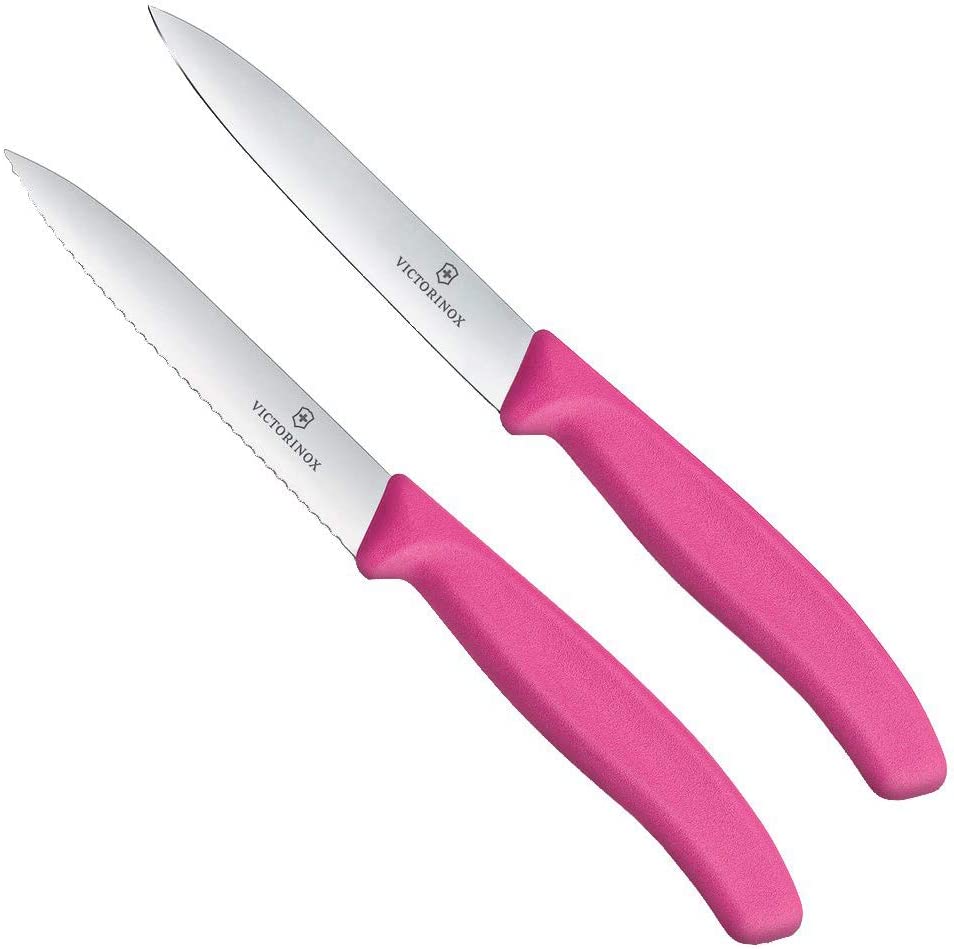 Victorinox Swiss Classic 2-Piece Vegetable Knife Set, 1 x Normal Cut, 1 x Serrated Edge, 10 cm Blade, Middle Point, Pink