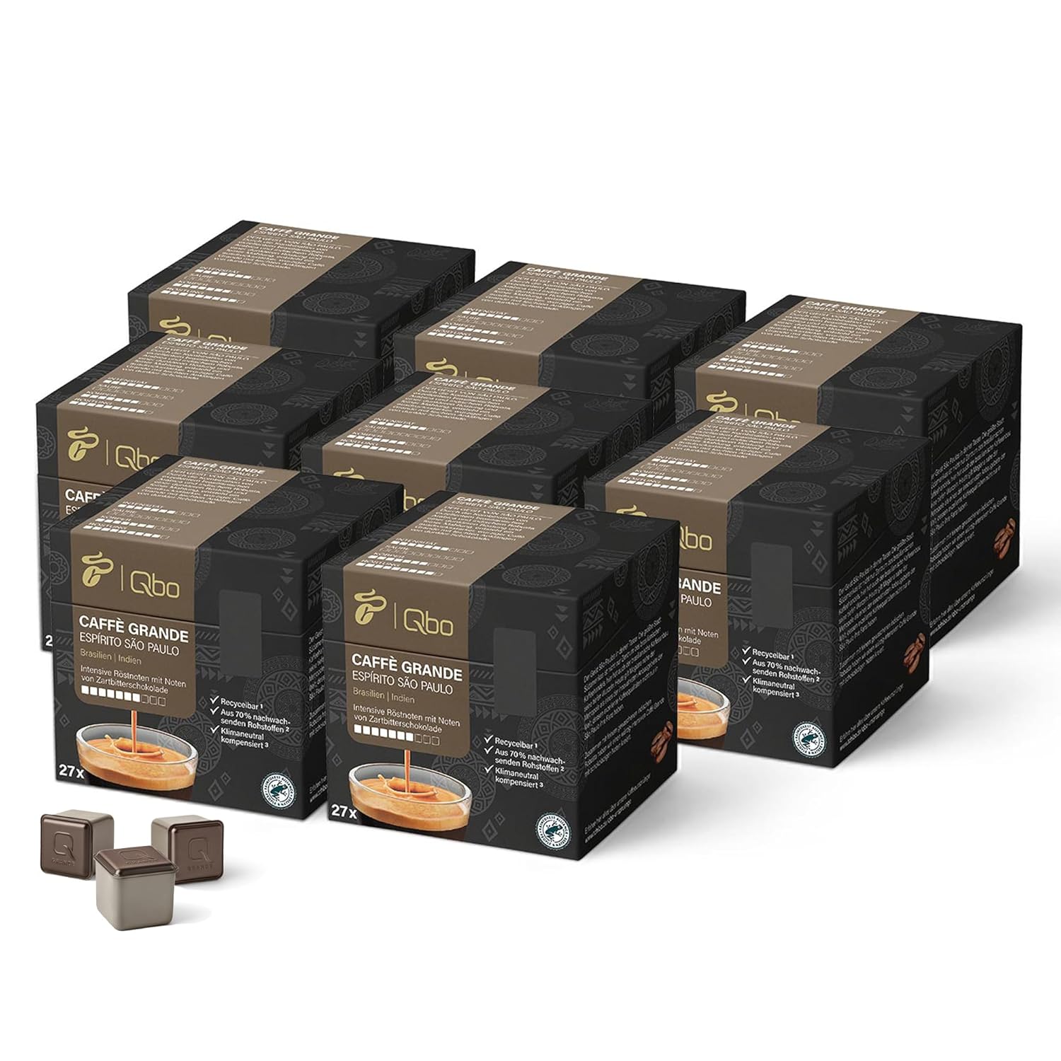 Tchibo Qbo Caffè Grande Espírito São Paulo Premium Coffee Capsules, Pack of 216 - 8 x 27 Capsules (Caffè Grande, Intensity 7/10, Highly Aromatic), Sustainable, Made from 70% Renewable Raw Materials