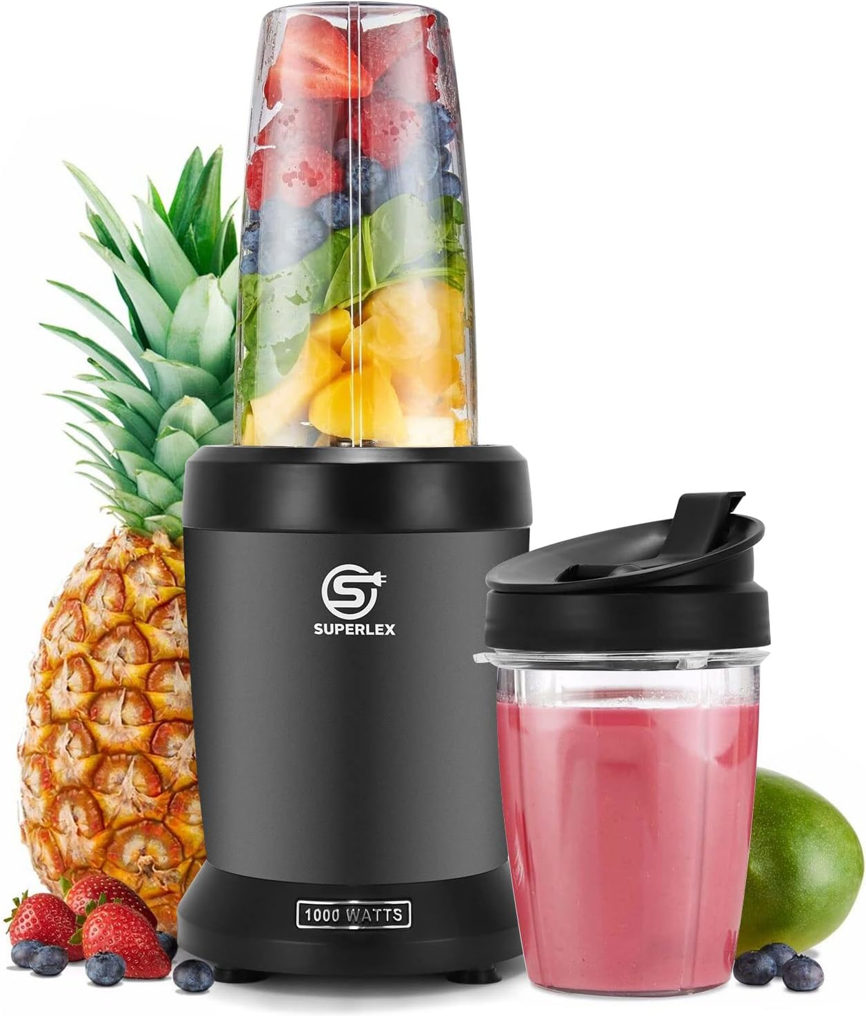 Superlex Electric Bullet Mixer Set, 1000 Watt, Smoothie Maker With 6-Way Stainless Steel Blade, with 2 Mix Containers, 800 ml + 1 Litre Container (BPA Free)