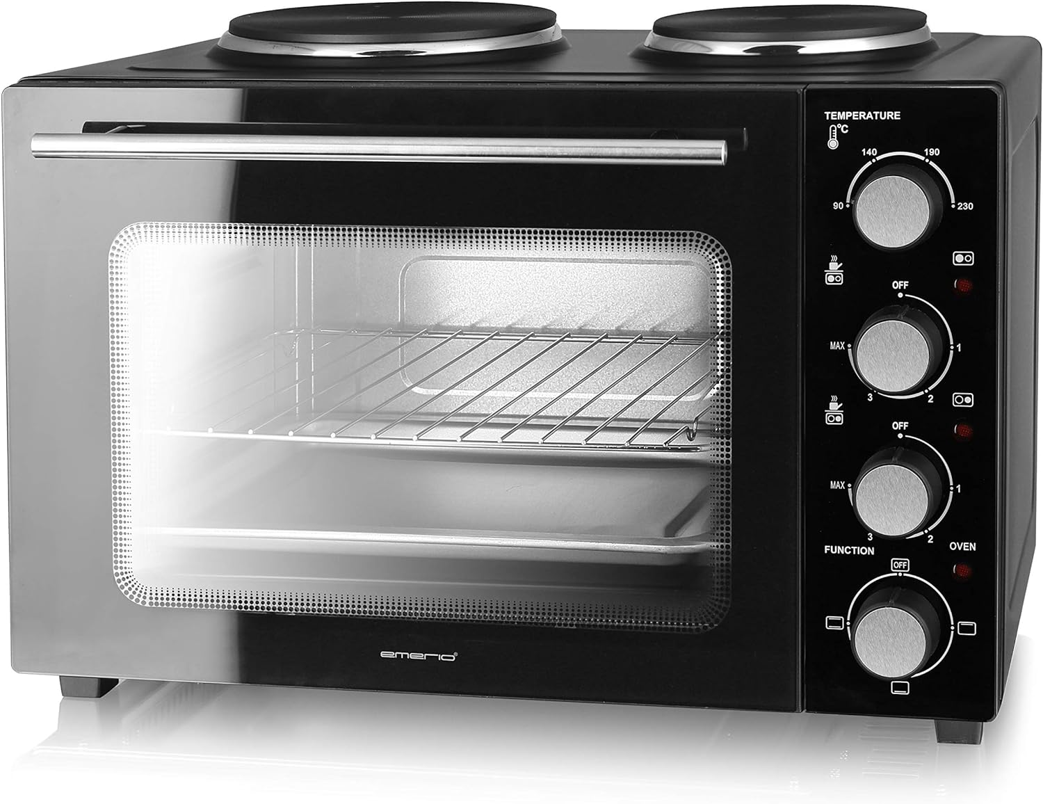 Emerio Multi Oven with 2 Hobs, 3200 Watt, Pizza Oven, Camping Kitchen, Cooking and Baking Simultaneously, Top/Bottom Heat, Thermostat, 90°-230°C, Interior Lighting, BPA-Free, MO-125236, Black