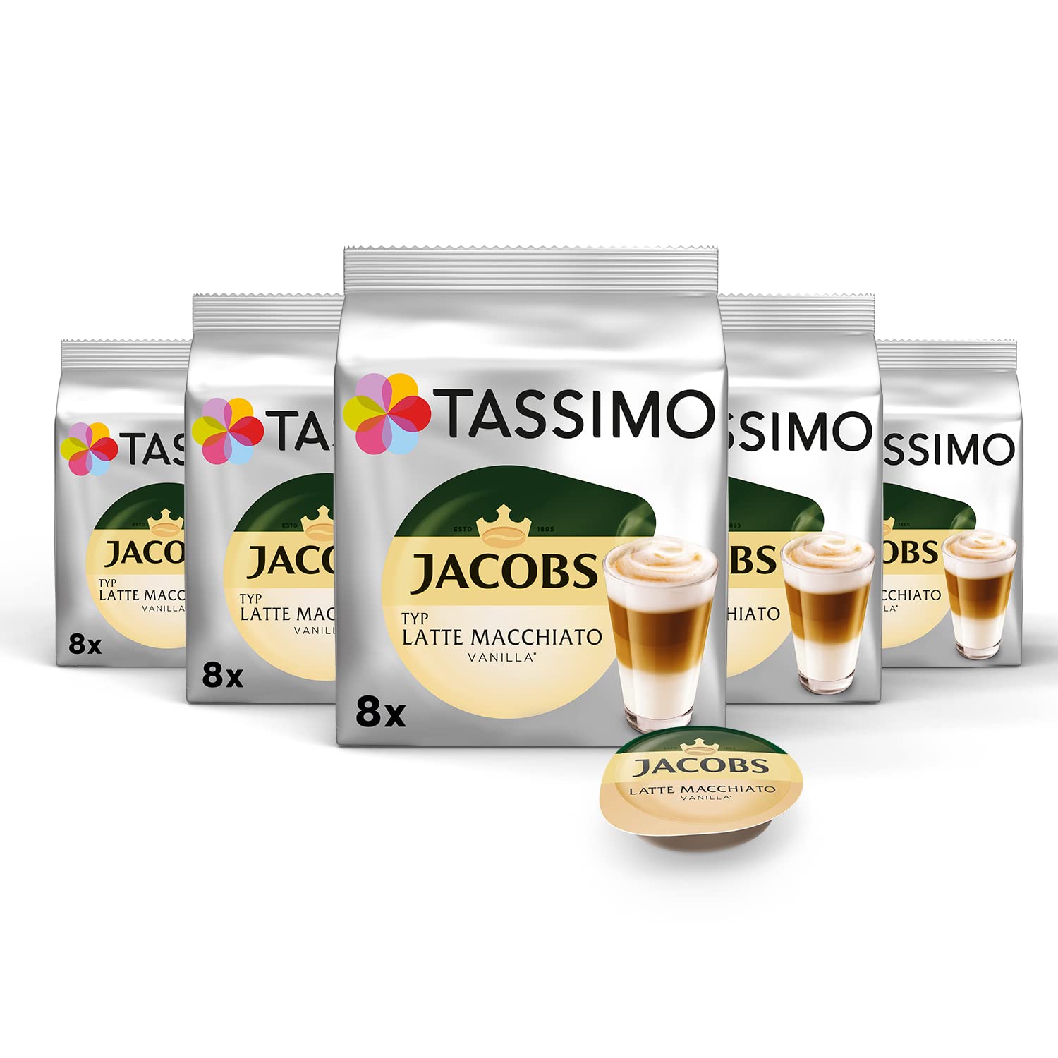 Tassimo Jacobs Type Latte Macchiato Vanilla Capsules, 40 Coffee Capsules, Pack of 5, 5 x 8 Drinks