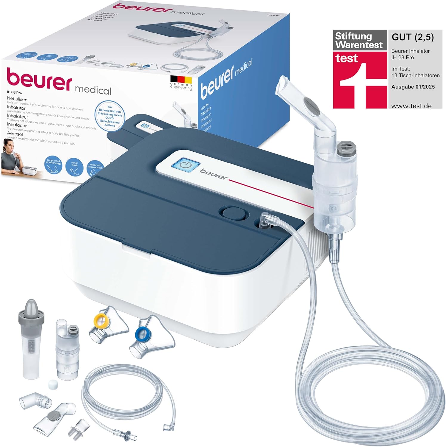 Beurer IH 28 Pro Inhaler, Nebulizer Set with High-Quality Silicone Masks & Nasal Shower, High Mist Performance, Inhaler Device for Respiratory Therapy, for Children and Adults