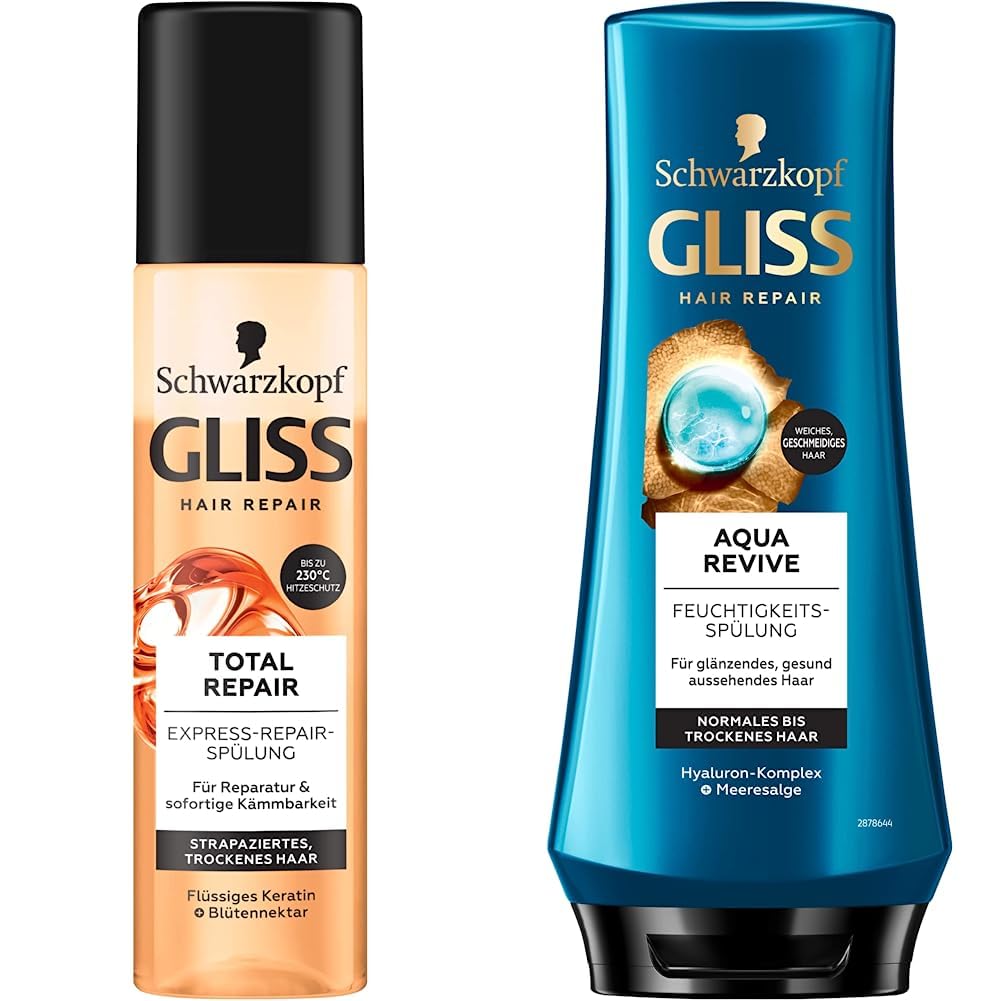 Gliss Express Repair Conditioner Total Repair (200ml), Conditioner provides instant combability and protection against hair breakage & Gliss Conditioner Aqua Revive (200ml)