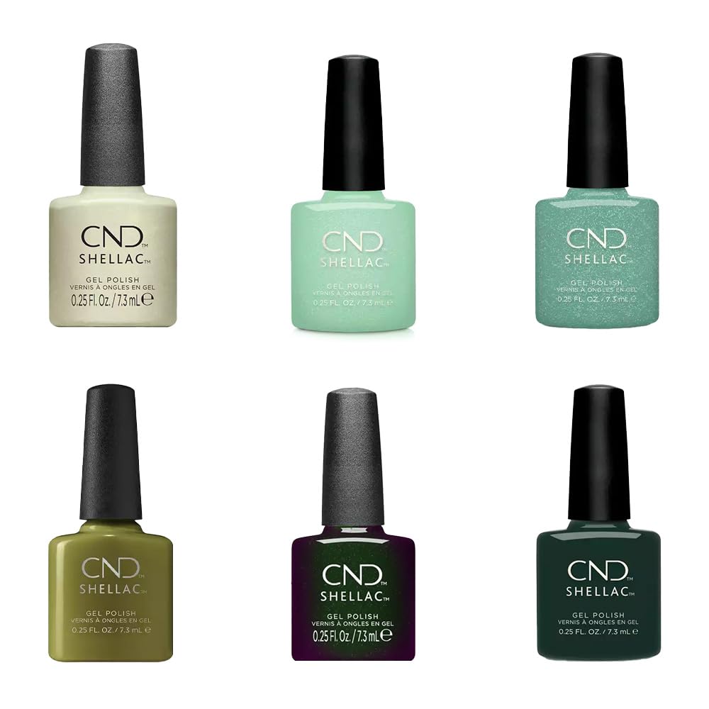 Generic CND Shellac Nail Polish Set: Studio White, Whisper, Steel Kisses, Asphalt, Dark Diamonds & Black Pool - Perfect Manicure for up to 3 Weeks, 6 x 7.3 ml (Green)