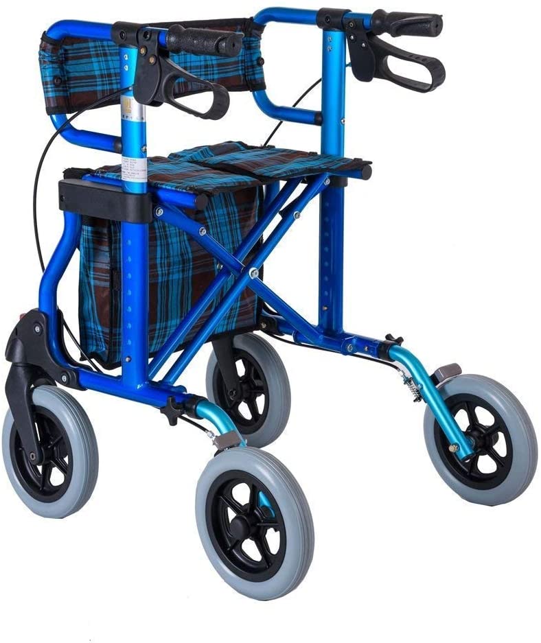 FACAIA Praktische leichte Faltbare 4-Rad-Rollator-Gehhilfe mit gepolsterten, feststellbaren Sitzbremsen und Aufbewahrungstasche, höhenverstellbar, blau, maximale Belastung 136