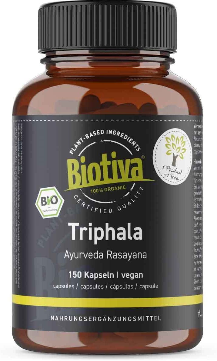 Biotiva Triphala Bio (150 capsules) – 500 mg per capsule – 75 day dose – highly dosed biotriphala – bottled and controlled in Germany (DE-ÖKO-005) – 100% vegan – best value for money
